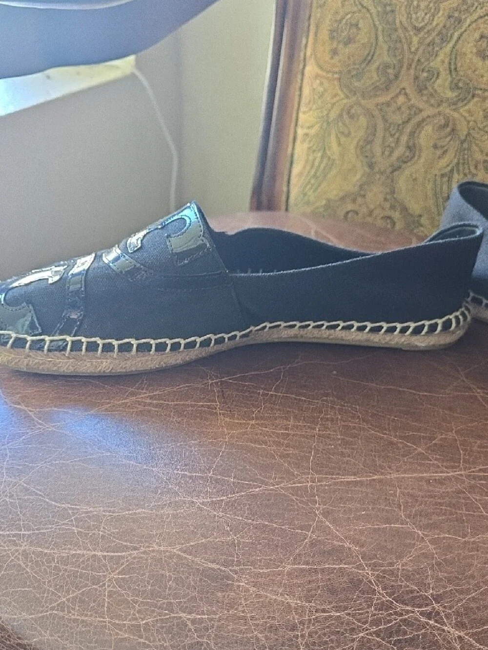 Tory Burch Black Espadrille Flats with Logo Appliqué